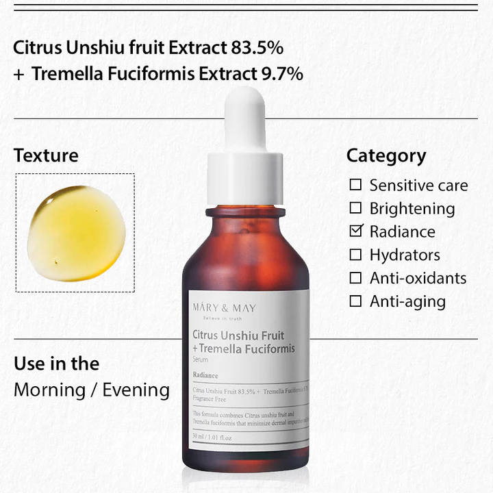 Mary&May Citrus Unshiu + Tremella Fuciformis Serum - Hyperpigmentation Brightening Serum - 30ml - Image 3